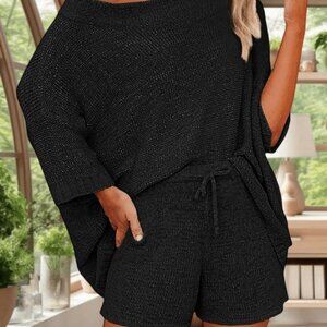 Black Casual Women's Off-Shoulder Knit Sweater And Shorts Set